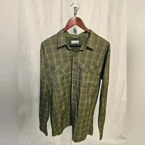 Columbia Men's Olive Green and Orange Plaid Sun Shirt - Medium - Picture 1 of 3